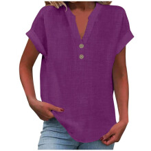VERUGU Damtopp med kort ärm och V-ringning i bomull och linne, lös, avslappnad tunika för leggings – Deep Purple, M