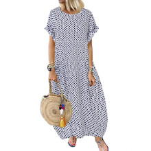 Vestido largo de manga corta con cuello redondo y estampado de lunares de YOHOME para mujer.