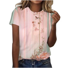 Damegenser med rund hals og vintage-motiv i blomsterprint | Pluss størrelse S-3XL | Avslappet topp i polyester-spandemiks