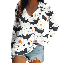 Sweat-shirt à manches longues et col en V imprimé mignon pour Halloween, grandes tailles femme - Doux, extensible, basique décontracté, tailles S