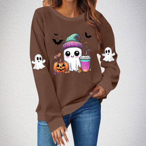 Halloweentröja höst långärmad rolig spöke rund halsringning läskig raglanpullover med grafisk design 1
