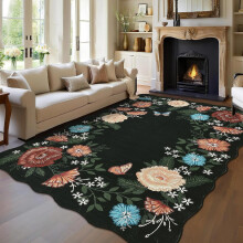 Tapis lavable à bords festonnés, motif floral vintage, antidérapant