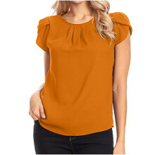 Blusa de gasa informal de manga corta con cuello redondo y pliegues, cuello redondo y espalda abierta para mujer.