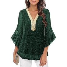 Elegante und lässige Damenoberteile: Rüschenblusen mit 3/4-Ärmeln, Glitzerblusen mit Pailletten und V-Ausschnitt aus Chiffon, fließende Blusen