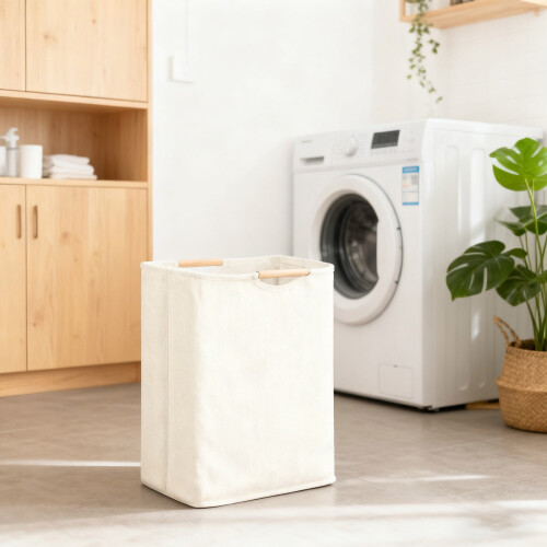 Cesto de roupa suja dobrável com alça de bambu, 36L, cinza. 2