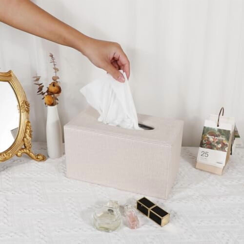 Boîte à mouchoirs rectangulaire en lin beige 1