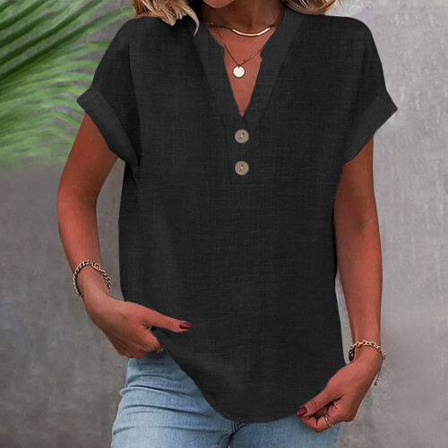 VERUGU Γυναικεία Μπλούζα με Κοντομάνικα, V-Neck, Βαμβακερά, Λινά Πουκάμισα, 1