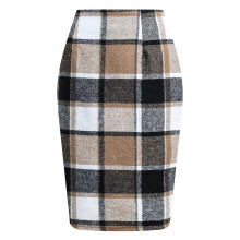 Gonna a tubino da donna alla moda, gonna a quadri invernale a vita alta aderente al ginocchio in lana, lunghezza media, marrone