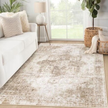 Alfombra vintage beige de 8x10 pies – Pelo corto, antideslizante y