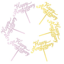 6pcs Happy Anniversary Cupcake Toppers Wedding Anniversary Cake Ornaments Golden