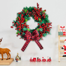 Couronne de Noël en rotin synthétique rouge à feuilles artificielles, 40 cm