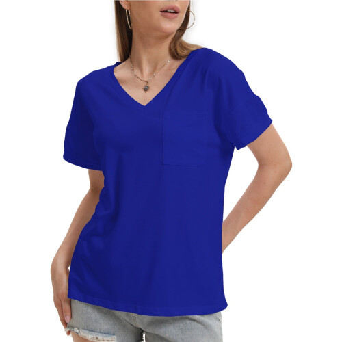 Γυναικεία T-shirts με κοντομάνικα και V λαιμόκοψη, καλοκαιρινά μπλουζάκια με τσέπη 2