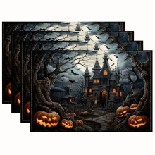 Lot de 4 sets de table en lin, 30 x 45 cm, motif château et citrouille