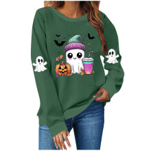 Sweat-shirt d'Halloween à manches longues, col rond, motif fantôme amusant, pull raglan graphique