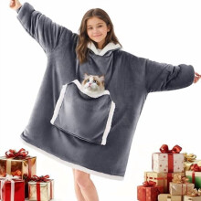 Wearable Blanket Hoodie, Oversized Cat Lover Sweatshirt Blanket for Adults & Teens, Compatible with 8-12 Yr Olds, Cozy Sherpa Giant Pocket Gift, Grey