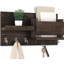 Wall-Mount Mail Organizer with Shelf, Letter Holder & Hooks – Rustic Brown Wood, Farmhouse Decor (16.5"x9.1"x3.4"), Compatible with Flush Mounting