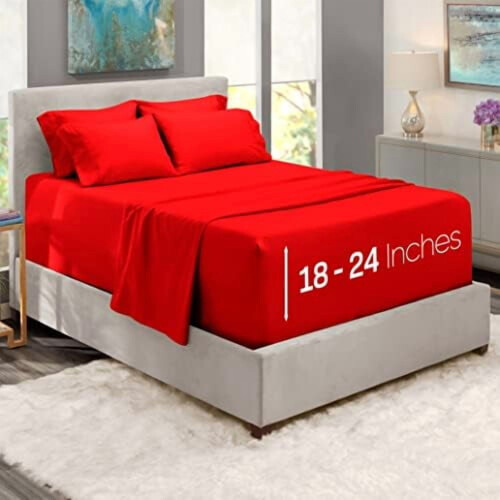 Ensemble de draps Queen - 6 pièces, poches extra profondes, microfibre, rouge cerise 1
