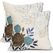 Brown & Blue Floral Pillow Covers 18x18, Set of 2, Linen Square Cushion Cases for Sofa, Bed, Farmhouse & Outdoor Decor