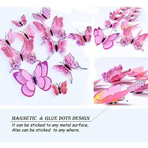 Adesivos de parede de borboleta rosa 3D com ímãs (24 peças) 2