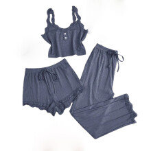 Damen-Pyjama-Set mit Spitzenbesatz, 3-teilig (Spaghettiträger) – Weiche, dehnbare Nacht- und Loungewear, Größen S–3XL, für ganztägigen