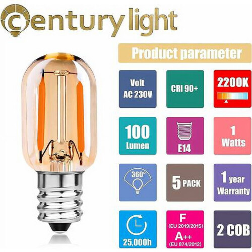 Bec cu filament LED E14 1W, alb cald, 2200K, T22, pachet de 5 1