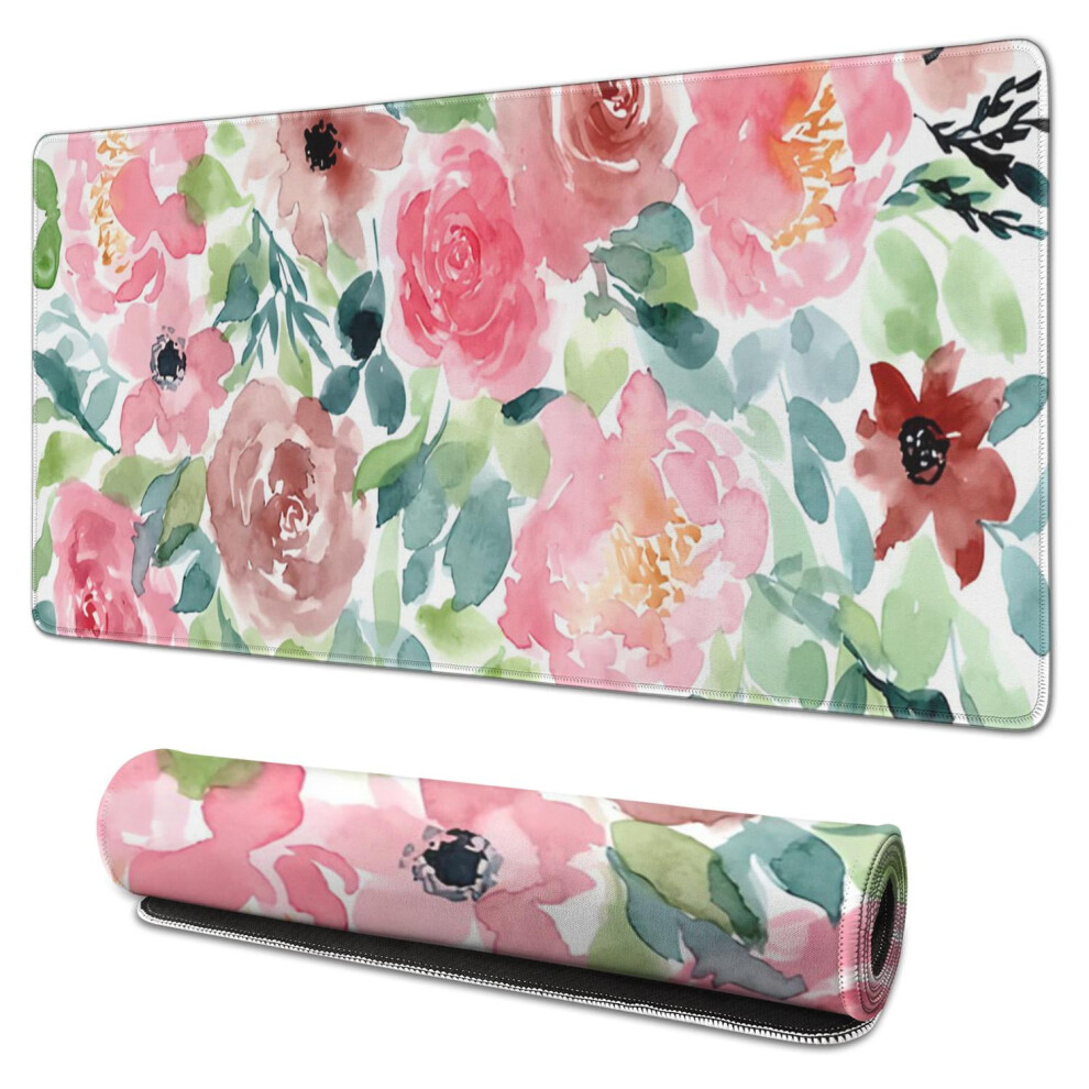 Watercolor Flower Mouse Pad, 35.4X15.7", Waterproof & Non-Slip Rubber Base, Stitched Edges Â Compatible With All Mice Pink 9181073097027