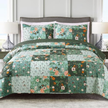 Pătură boho cu imprimeu floral verde, dimensiune twin, cu model patchwork