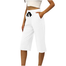 Calça feminina de corte reto, tamanho grande, com bolsos ajustáveis com cordão, cintura elástica, estilo capri, calça palazzo, calça casual