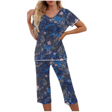 Dames casual losse nachtkleding set - Top met V-hals en print, korte mouwen + capri broek met elastische taille en zijzakken | S-2XL | Pyjama set