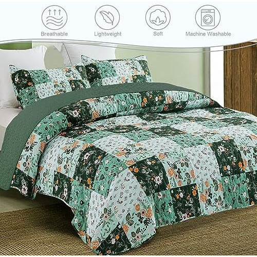 Boho quilt twin size green floral patchwork coverlet with 1