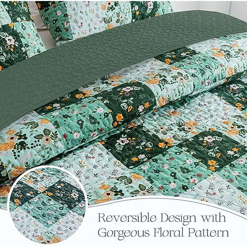 Boho quilt twin size green floral patchwork coverlet with 2
