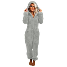Pijama macacão feminino de lã com capuz e pés, roupa de dormir quente para o inverno, macacão de manga comprida com zíper, tamanhos P-2GG, cinza