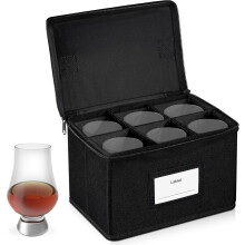 Stackable Whiskey Glass Storage Box for Glencairn Glasses – 6-Compartment Carrying Case with Handle, Gift for Whisky Lovers