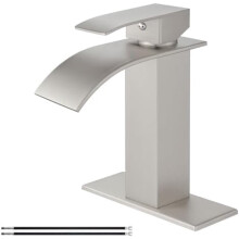 Brushed Nickel Waterfall Bathroom Faucet, Single Handle, 1/3-Hole Sink Tap, RV/Vanity Use, w/ Deck Plate & Supply Lines