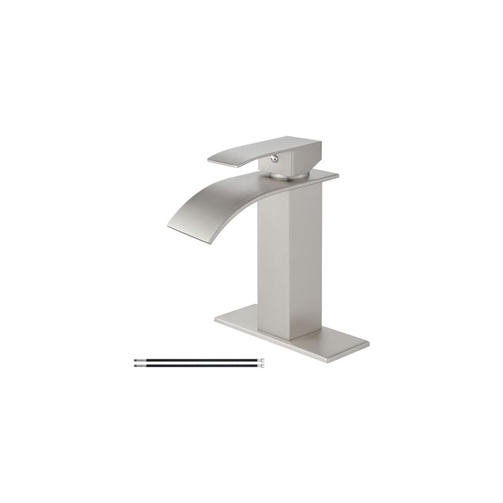 Brushed Nickel Waterfall Bathroom Faucet, Single Handle, 1/3-Hole Sink Tap, Rv/Vanity Use, W/ Deck Plate & Supply Lines 9357860845328