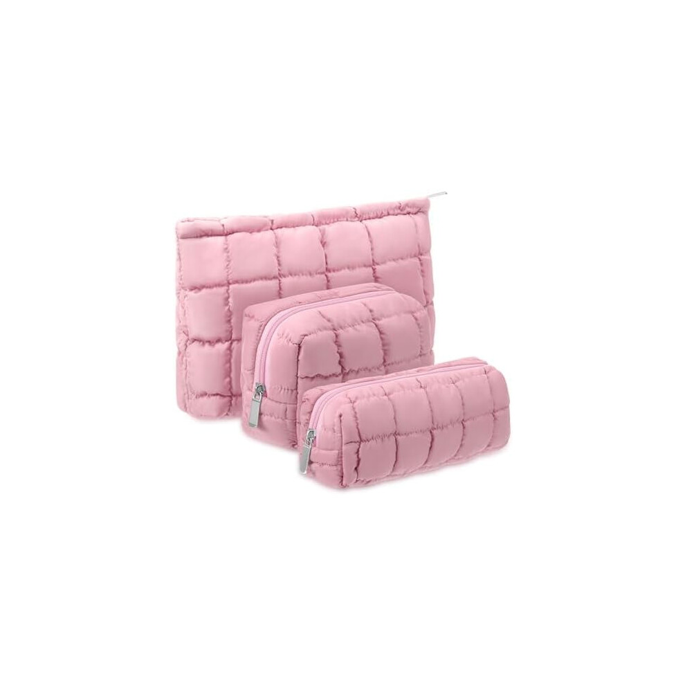 3 Pcs Quilted Puffy Makeup Bag Set â Cute Checkered Travel Toiletry Pouch, Puffer Organizer Purse with Zipper