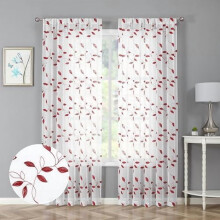 Burgundy Red Leaf Sheer Curtains, Embroidered Voile, Rod Pocket, 54x95", Set of 2 Panels