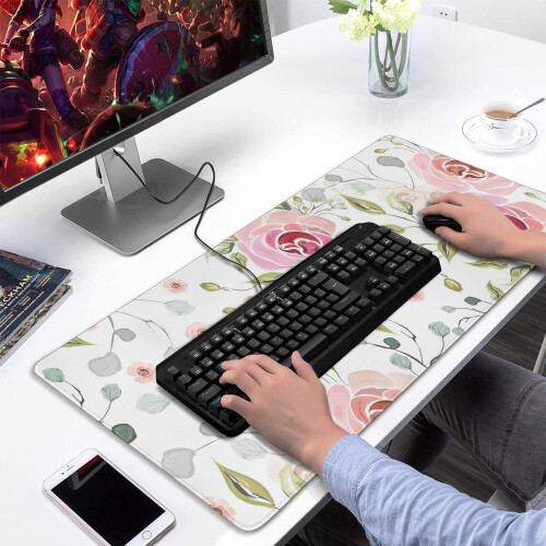 Mousepad de mesa com estampa de rosa vermelha, impermeável e antiderrapante, 90 x 40 cm (35,4 x 15,7 polegadas). 1