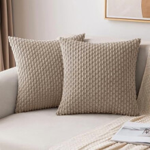 Lot de 2 housses de coussin 50 x 50 cm en velours côtelé rayé style bohème – Texture douce, marron clair neutre, décoration champêtre