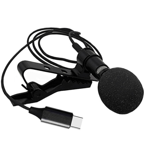 Microfone mini para celular com conector padrão Type-C para gravação.