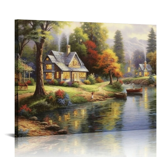 EastSmooth Thomas Kinkade River Village, Τέχνη σε καμβά, Πίνακες ζωγραφικής Thomas Kinkade, Τοπίο, Τέχνη