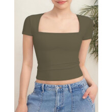 T-shirts à manches courtes et col carré pour femmes, doublés, coupe ajustée