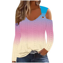 Beigefarbenes, lässiges Langarmshirt mit Knopfleiste, Rundhalsausschnitt, Farbverlauf aus Polyester, Damengröße S