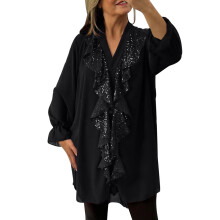 lulshou Langarmshirt für Damen, lässiges, einfarbiges V-Ausschnitt-Pullover-Top mit Knopfleiste, Schwarz, Größe M
