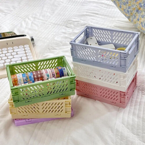 6 Color Organizing Storage Baskets Case Folding Student Desktop Basket Tape Stationery Plastic Foldable Container Storage Box 1