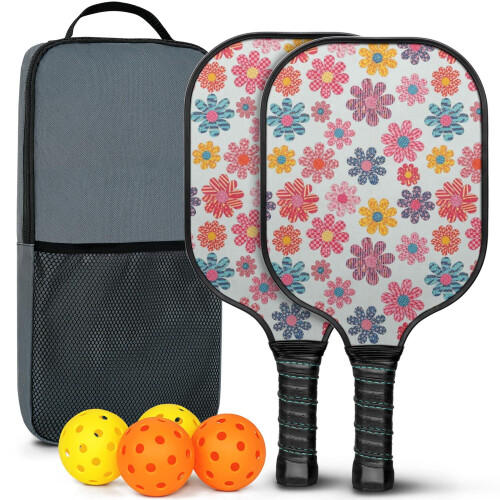 Σετ κουπιών Pickleball με κουπιά από fiberglass σε σχέδια λουλουδιών, 2 μπάλες και τσάντα –