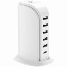 ZLC-laadstation: 5 USB-poorten + 1 USB-C-hub, snelladen voor Apple, Samsung en Android – compatibel met alle apparaten.
