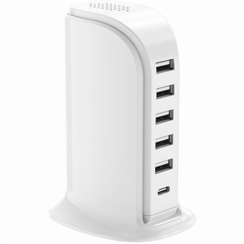 Σταθμός φόρτισης ZLC: 5 USB + 1 USB-C Hub, Γρήγορη φόρτιση για Apple, Samsung και Android—Συμβατό με