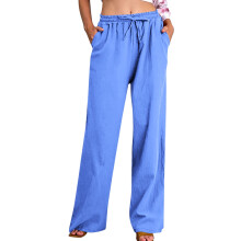 Calça feminina casual de perna larga com cordão - 60% algodão, 40% linho, respirável, cintura elástica, vários bolsos, modelagem reta e
