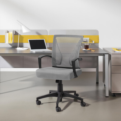 Office Mid Back Swivel Lumbar Support Desk, Computer Ergonomic Mesh Chair with Armrest, Gray 2